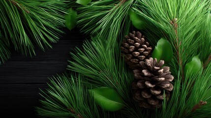 Fototapeta premium Fresh green pine needles with cones create a serene atmosphere, highlighting the intricate details of nature's design