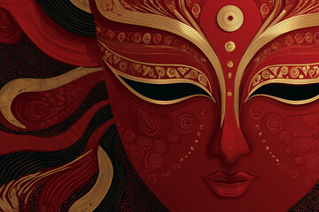  Abstract line art of Goddess Durga in red and gold with text space.
