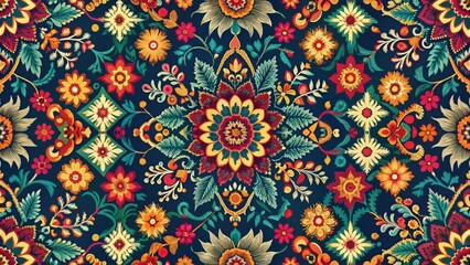 Fototapeta premium Vibrant floral tapestry with intricate designs and rich color palette, perfect for textile prints, wallpapers, or fashion designs.
