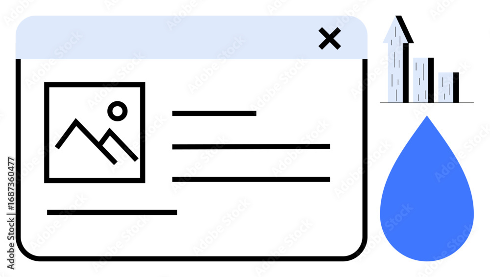 Poster browser window sketch featuring an image placeholder and text, paired with a blue water drop and gro