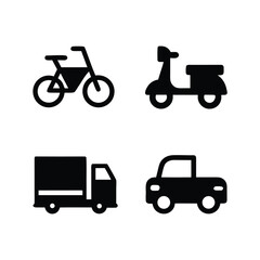 Four black vehicle icons bicycle scooter truck car on white background transportation