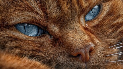 Close-up of a ginger cat with piercing blue eyes showcasing detailed fur and intense gaze in a natural environment