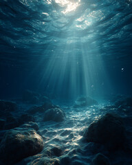 Obraz premium Sunlight rays streaming through deep blue ocean waters, illuminating the underwater scene with ethereal beams and subtle bubbles