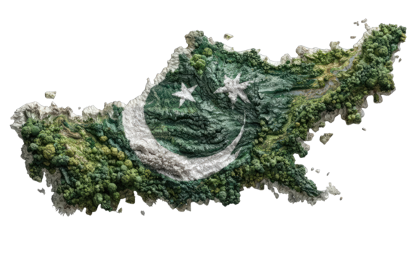 A topographic map of a landmass shaped like Pakistan, with the national flag embedded within its natural terrain
