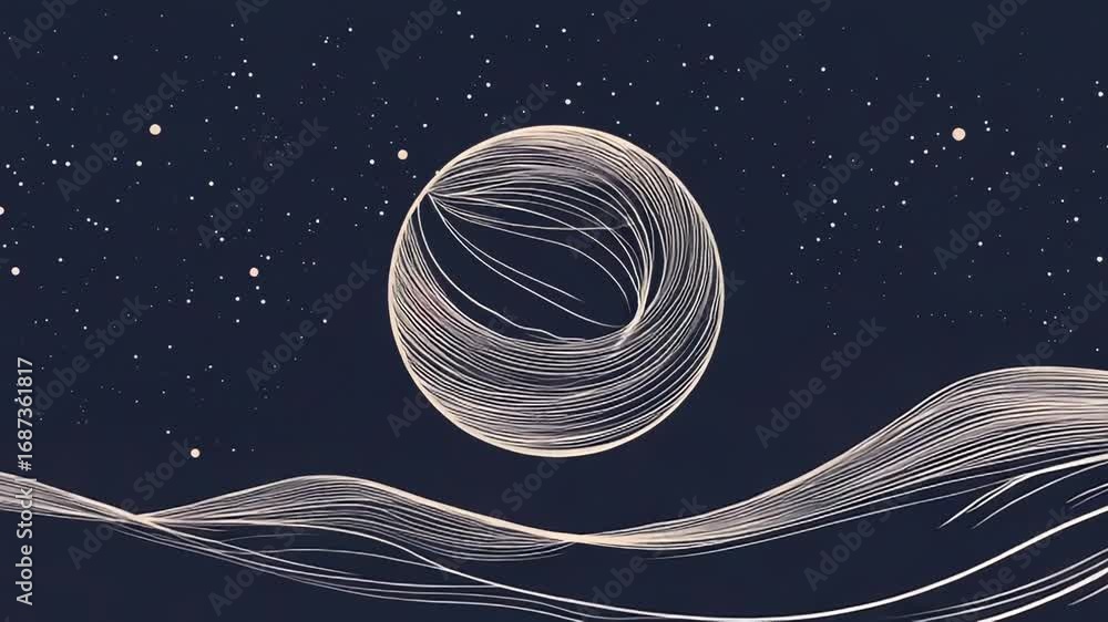 Poster abstract lines creating a planet and landscape under a starry sky