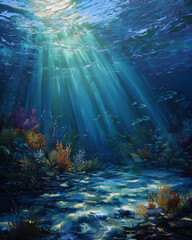 Fototapeta premium Sunlight rays streaming through deep blue ocean waters, illuminating the underwater scene with ethereal beams and subtle bubbles