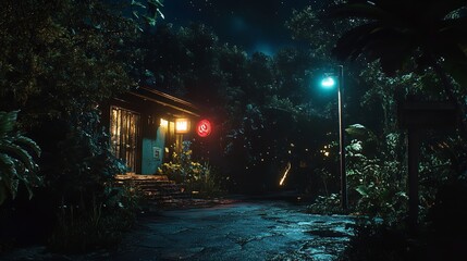 A night scene of a building with a neon sign and a street light surrounded by trees and vegetation