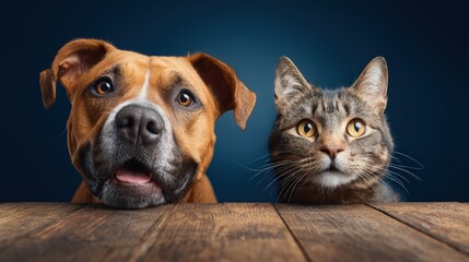 Obraz premium Adorable affectionate dog and curious cat sitting side by side on wooden surface with dark blue background