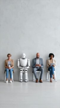 Professional team awaiting interview, human colleagues working alongside robotic coworker, using mobile devices near minimalist white background