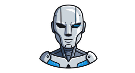 Sleek Silver Robot Head with Blue Accents, Cartoon Style.