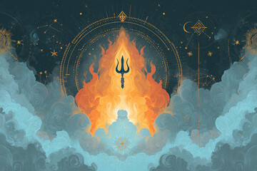 Artistic Trishul with flames and celestial elements for Navratri branding.
