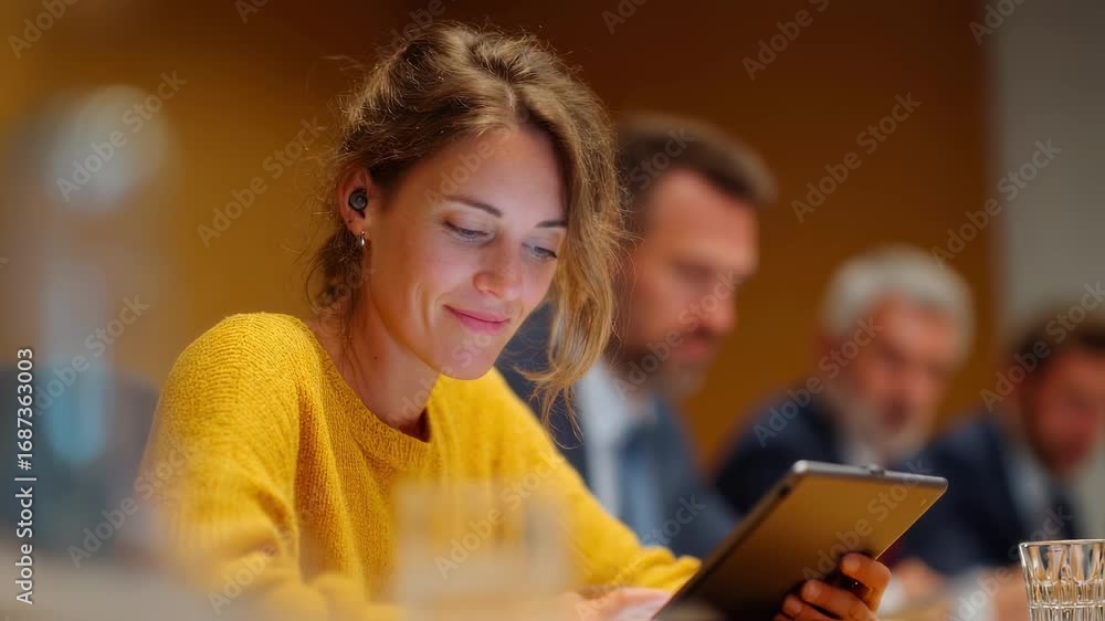 Poster medium shot of a person with hearing impairment using realtime captioning on a tablet during a virtu