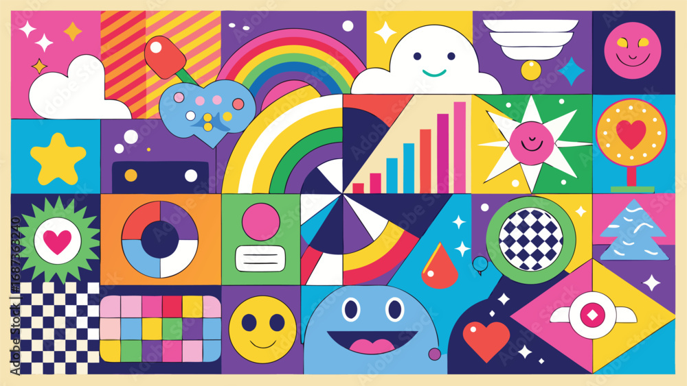 Poster a dynamic pattern filled with an assortment of colorful objects and symbols, offering a playful and 