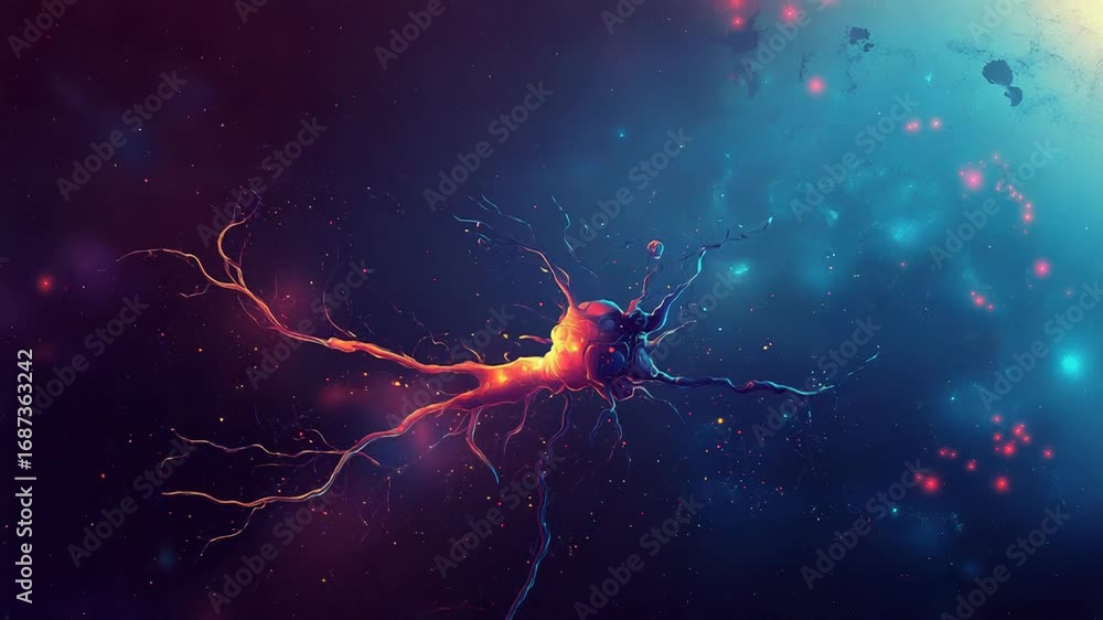 Aufkleber glowing neuron sending signals in deep space, microscopic visualization