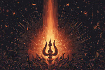 Artistic Trishul with flames and celestial elements for Navratri branding.
