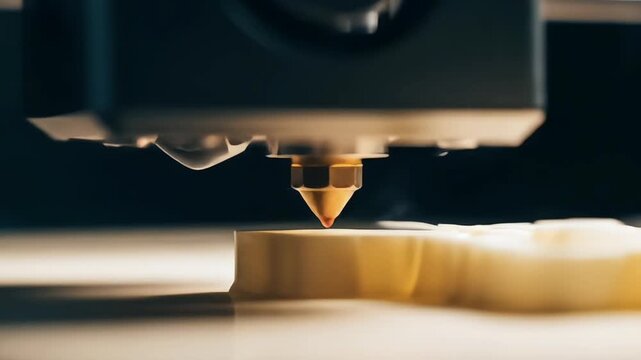 A close-up view of a 3D printer creating a yellow object.