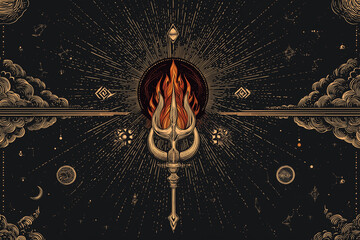 Artistic Trishul with flames and celestial elements for Navratri branding.
