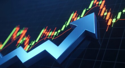 Fototapeta premium Blue arrow charting upward trend against stock market candlestick graph