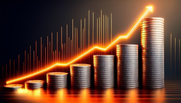 features stacks of silver coins increasing in height from left to right above the coin stacks a glowing orange line graph trends upward