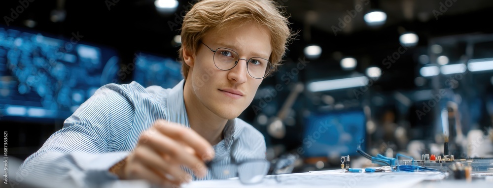 Poster young engineer working diligently on a project in a modern laboratory setting during the day while e