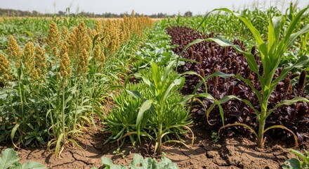 Close medium shot of diverse droughtresistant crop varieties planted together illustrating innovative breeding strategies for water scarcity adaptation in farming.