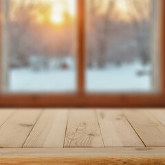 Empty wooden table with copy space for product placement and wooden window with winter background...