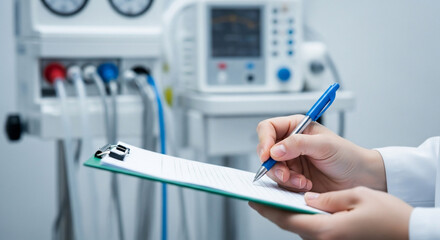 Hand writing on clipboard next to medical equipment