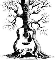 Black and white line drawing of a guitar with a tree growing out of its body, surreal minimal doodle vector style 2