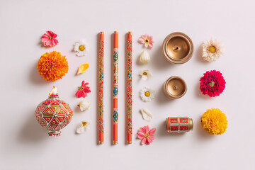 Flat lay of traditional Navratri items with copy space on white background.
