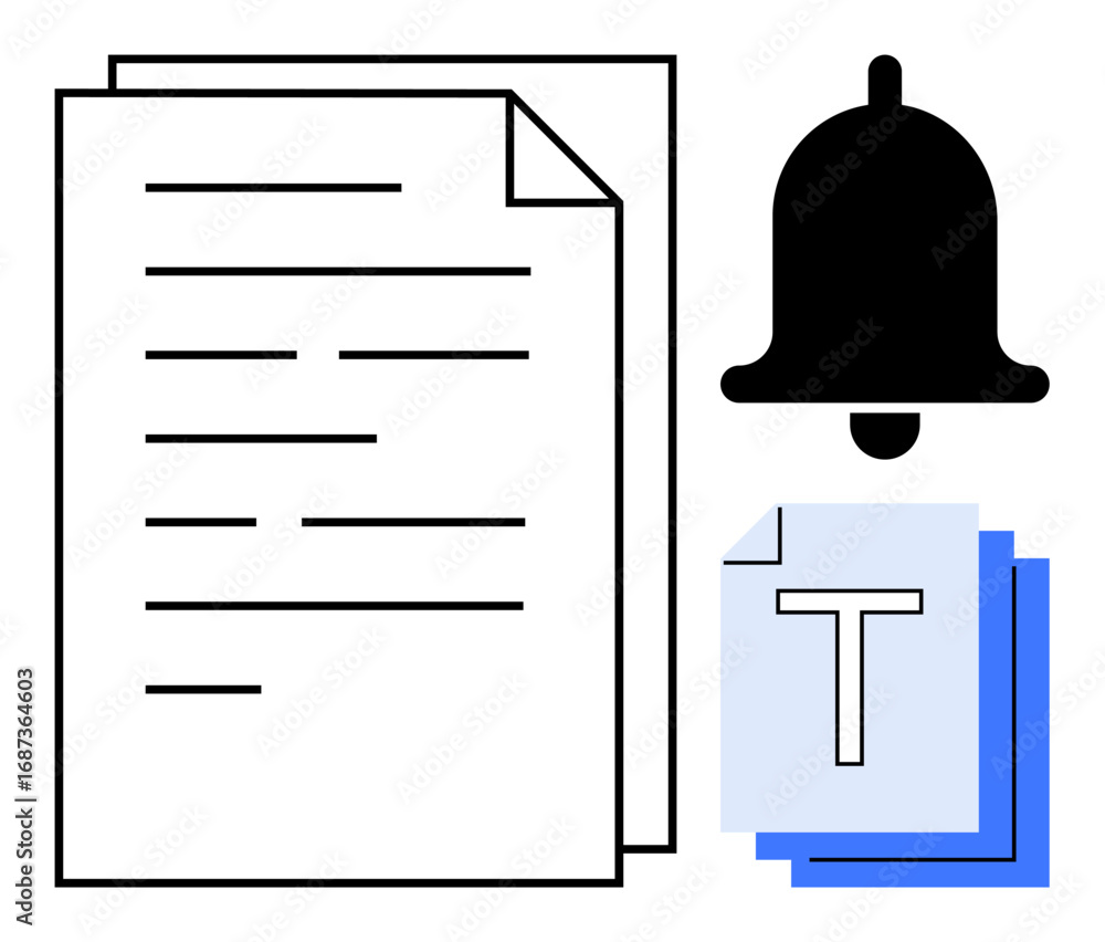 Poster document with lines, stacked text files, and bell icon for alerting. ideal for communication, organi