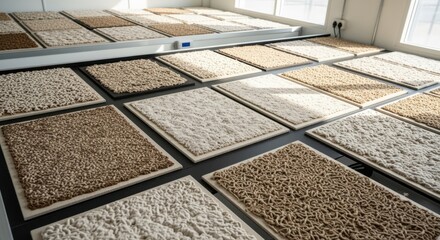 Overhead view of multiple mycelium panels laid out for curing in a climatecontrolled room with natural light.