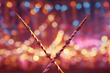 Dandiya sticks crossed in dance with glowing festive background and text space.

