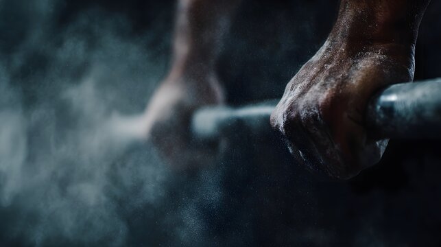Close up of a chalk covered hand powerfully gripping a barbell preparing for a lift