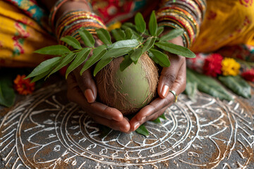 Kalash offering on rangoli during Navratri rituals, symbolic and sacred. 
