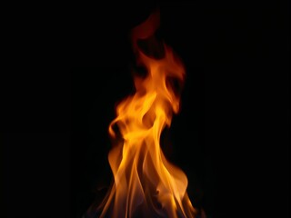 A single, elegant fire flame with soft orange and yellow tones, isolated on a solid black background.