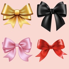 A beautiful collection of colorful bows, Rows of handcrafted ribbons, An array of ornamental bows, Colorful festive bows, A variety of decorative ribbon bows.