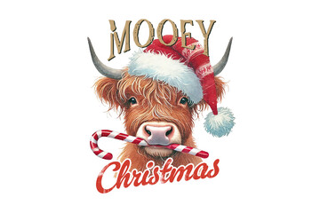 Highland cow wearing a santa hat and holding a candy cane in its mouth, text moofy christmas, isolated on transparent background