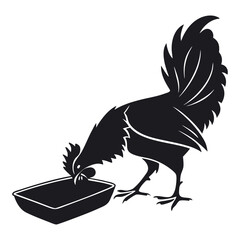 Fototapeta premium Black Silhouette Rooster Eating from Bowl Vector Illustration Farm Animal Icon Design
