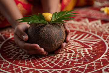 Kalash offering on rangoli during Navratri rituals, symbolic and sacred. 
