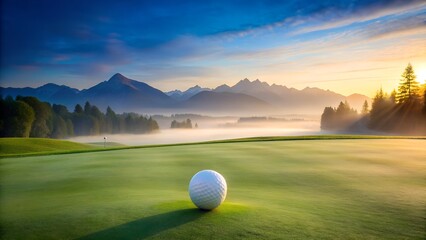 A solitary golf ball rests on a lush green fairway at sunrise, with a misty valley and majestic mountains in the background
