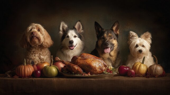 Four adorable dogs sitting behind a rustic Thanksgiving table with cooked turkey pumpkins and s in a warm cozy setting