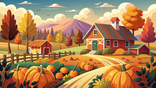 Vector illustration of a charming pumpkin farm during autumn harvest season, with a cozy farmhouse, wooden fence, colorful trees, and bushes surrounding a large pumpkin field