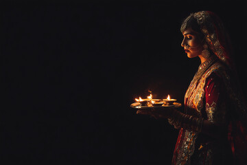 Woman performing Aarti with thali during Navratri, glowing flames and text space. 
