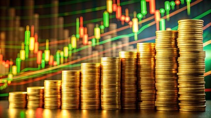 Stacks of gold coins in ascending order against a blurred background of a stock market graph with red and green candlesticks