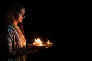 Woman performing Aarti with thali during Navratri, glowing flames and text space. 

