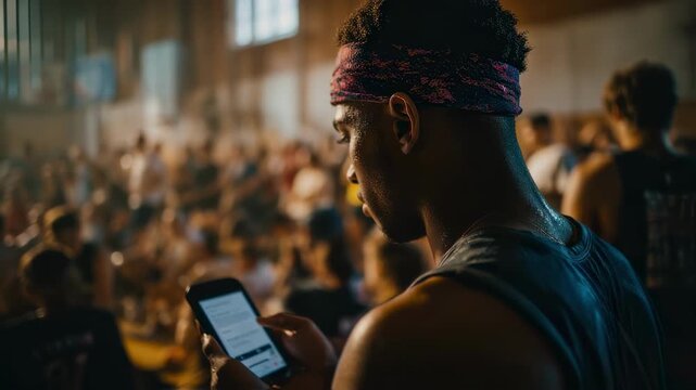 Medium shot of athlete focused on smartphone showing a social media disclaimer blurred audience stands behind indicating transparency.