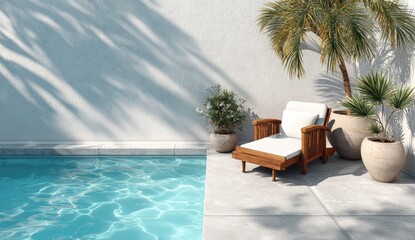 Fototapeta premium Serene pool scene features a sun-drenched patio with lounge chair, potted plants, and shadow play. Water glistens