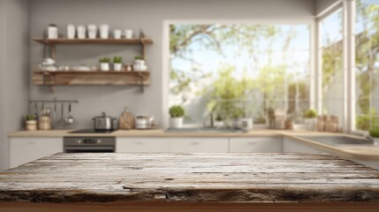 Bright modern kitchen with large window overlooking nature, minimalist interior design with wooden shelves, clean countertops, and fresh plants