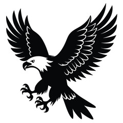 Bald Eagle Flying Soon Eagle Detailed black-and-white line art of a bald eagle in mid-flight with wings fully spread and talons forward, dynamic perspective, crisp vector-ready ink outlines, high-cont