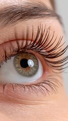 Close-up view of a human eye highlighting intricate eyelashes and the unique iris pattern captured in a well-lit environment
